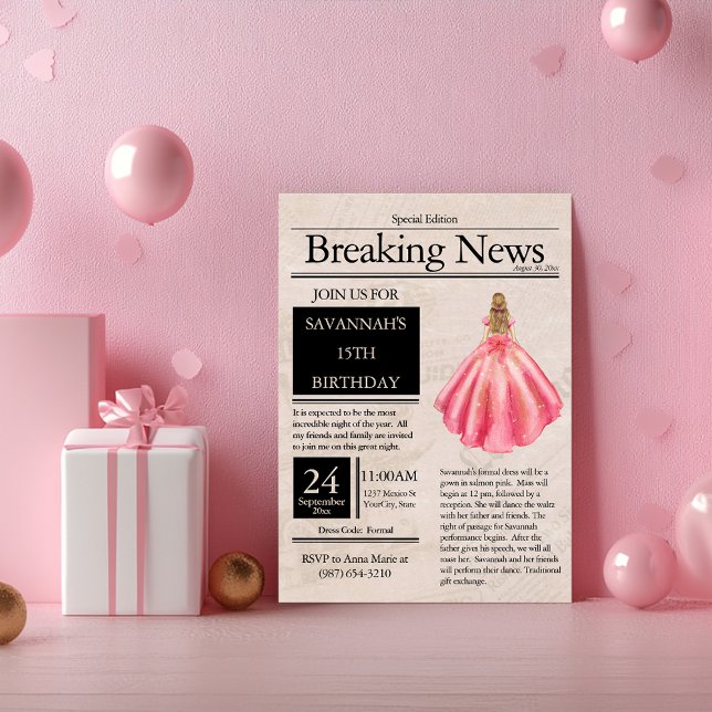 Invitación Viñeta de periódico Quinceañera Salmon Pink (Subido por el creador)