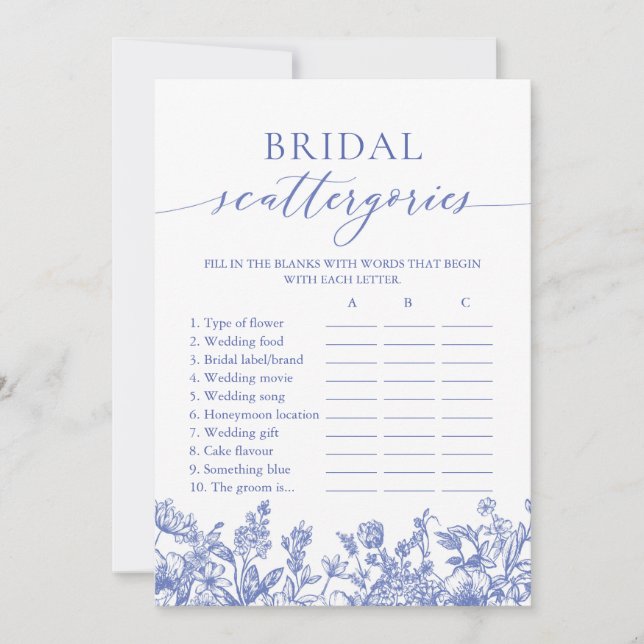 Invitación Viñeta Floral Azul Floral Bridal Scattergories Jue (Anverso)