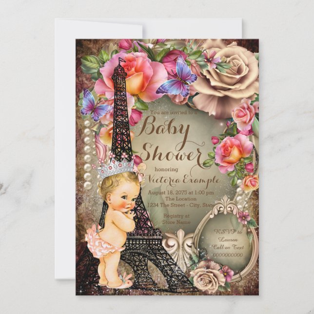 Invitación Viñeta Princesa Eiffel Torre Paris Baby Shower (Anverso)