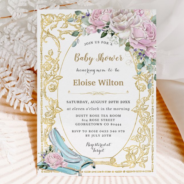 Invitación Viñeta rosa Roses Cenicienta Princesa Baby Shower (vintage gold pink roses floral cinderella shoe princess baby shower invitation cards print download )