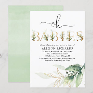 Invitación Viñetas trillizos de género verde neutro ducha beb