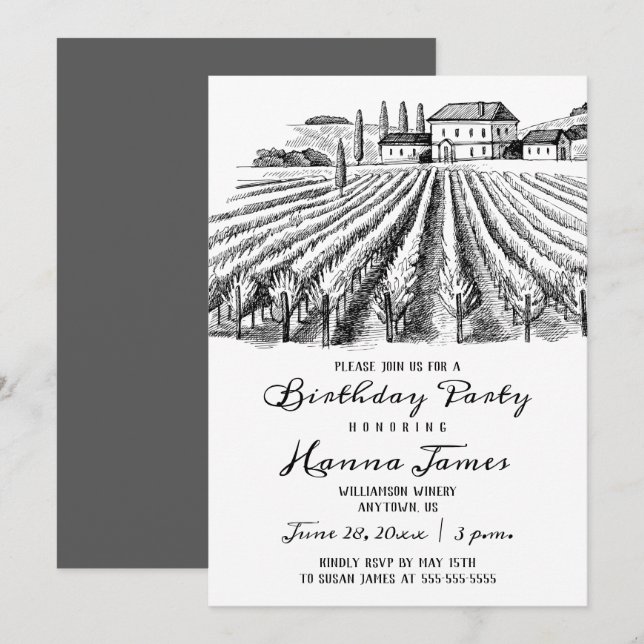 Invitación Vineyard Winery Rustic Sketch Fiesta de cumpleaños (Anverso / Reverso)