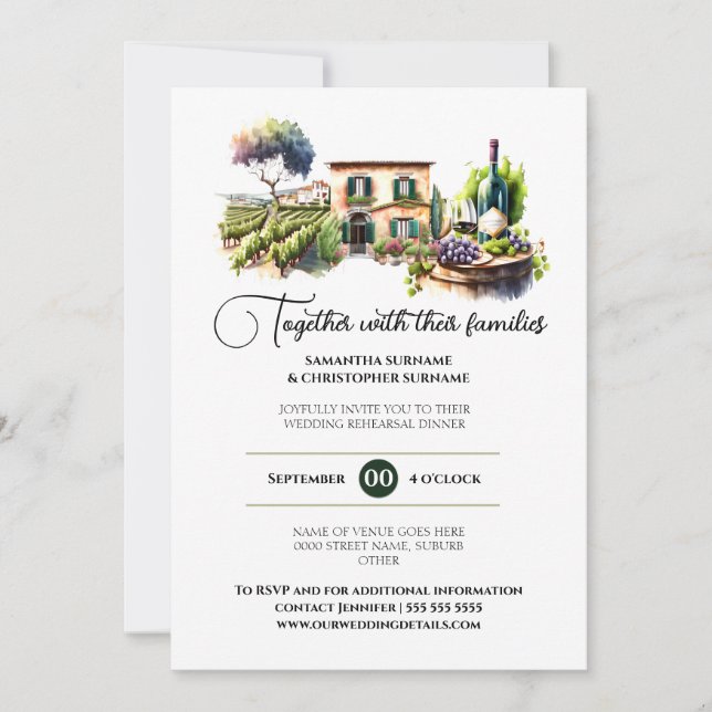 Invitación Vino acuarela granja vinícola cena villa (Anverso)