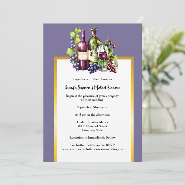 Invitación Vino acuarela uvas de vidrio violeta de oro (Anverso de pie)