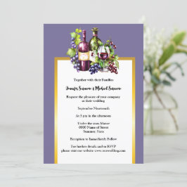 Invitación Vino acuarela uvas de vidrio violeta de oro