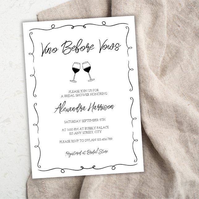 Invitación Vino antes de las vacas: ducha de novia con guione (Vino Before Vows Hand Drawn Scripple Bridal Shower Invitation)