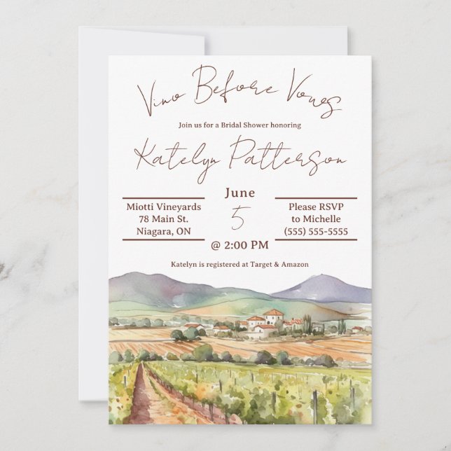Invitación Vino antes de las vacas, viña ducha de novias (Anverso)