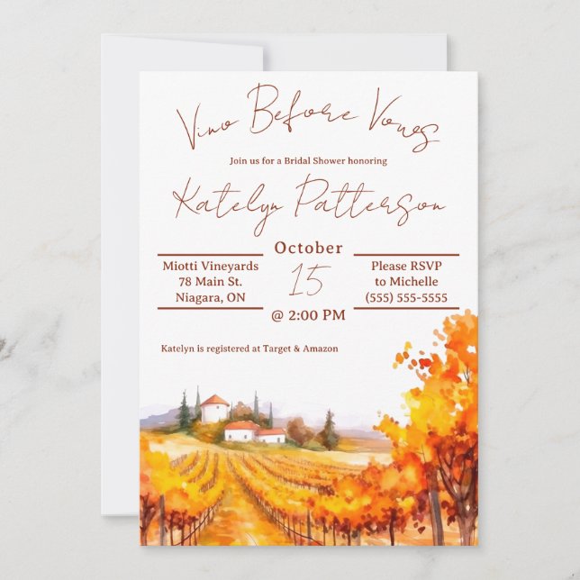 Invitación Vino antes de las vacas, viña ducha de novias (Anverso)