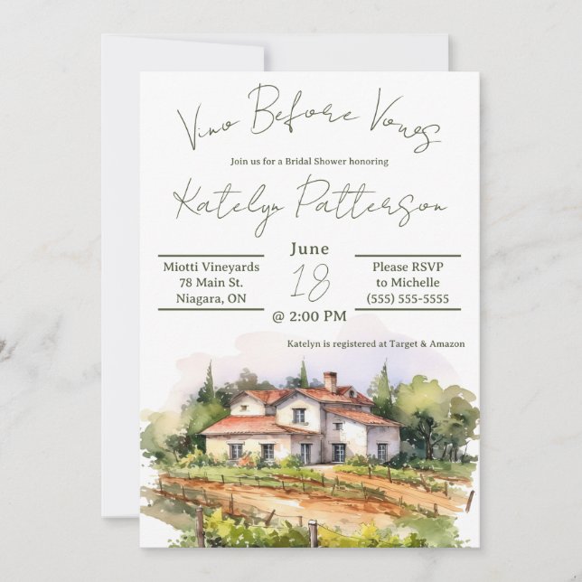 Invitación Vino antes de las vacas, viña ducha de novias (Anverso)