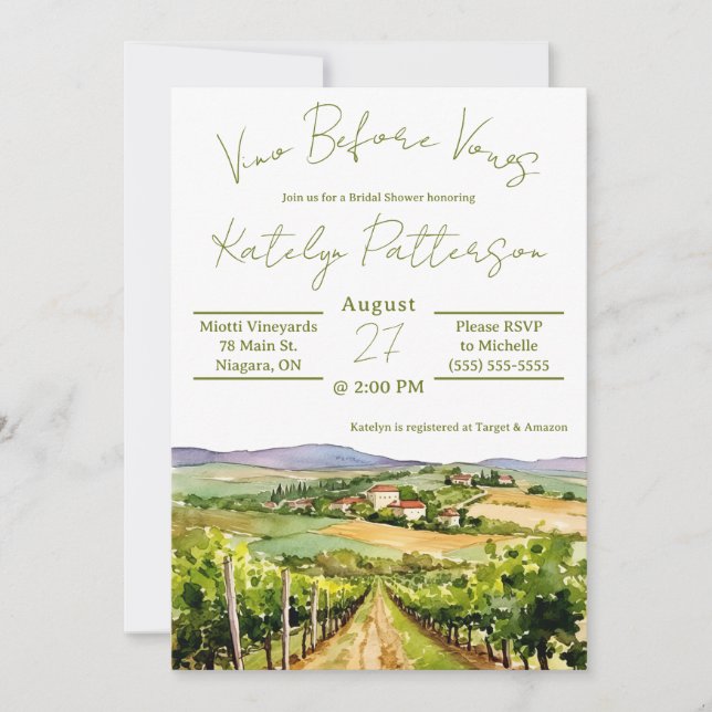 Invitación Vino antes de las vacas, viña ducha de novias (Anverso)