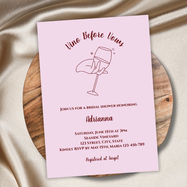 Invitación Vino antes de prometer ducha de novia de vino rosa (vino before vows bridal shower invitation blush pink elegant wine tasting invitation)
