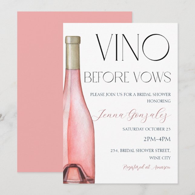 Invitación Vino Antes De Var Rosa Vino Rosa Ducha De Novias (Anverso / Reverso)