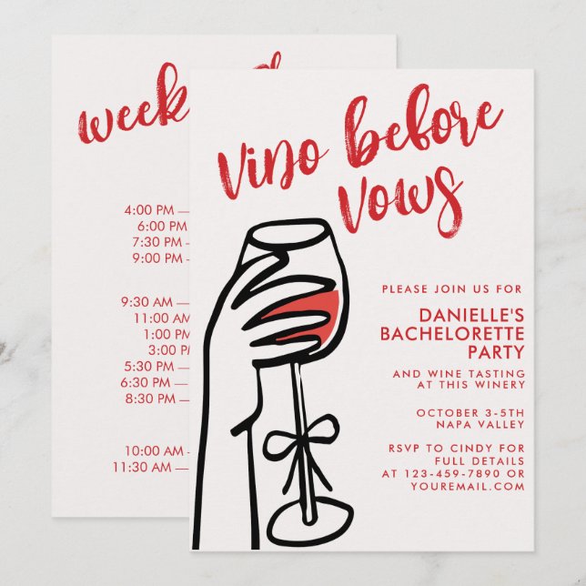Invitación Vino Antes de Votos Fiesta de Despedida de Soltera (Anverso / Reverso)