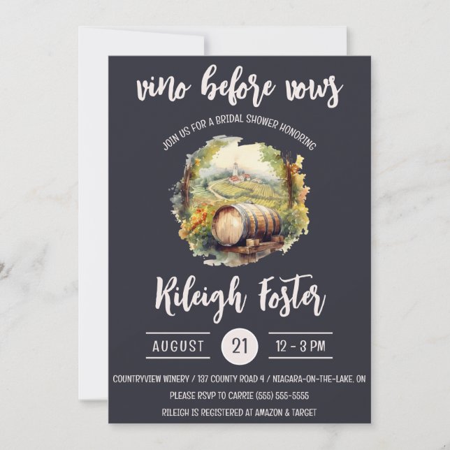 Invitación Vino antes de votos, viñedo, barril, ducha de novi (Anverso)