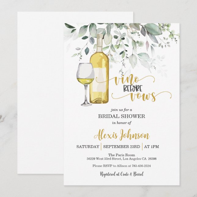 Invitación Vino Antes De Vows Ducha Bridal (Blanco) (Anverso / Reverso)