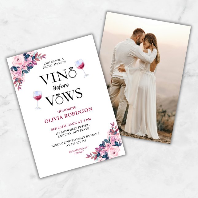Invitación Vino Antes De Vows Tema De Vino Foto Ducha De Novi (Vino Before Vows Floral Photo Wine Bridal Shower Invitation  )