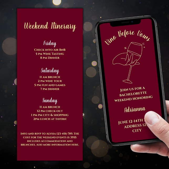 Invitación Vino Antes De Vows Vino Bachelorette Weekend (Vino Before Vows Wine Bachelorette Weekend Invitation Burgundy And Gold  Elegant Wine Glass )