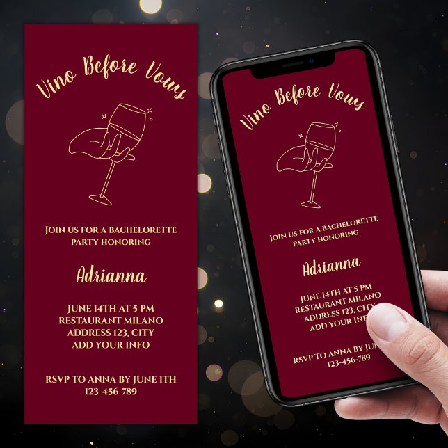Invitación Vino antes de Vows Vino Borgoña Bachelorette Dorad (Vino Before Vows Bachelorette Party Invitation Wine Elegant Burgundy And Golden Wine Glass)