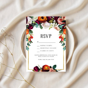 Invitación Vino Antiguo, Floral Rosado y Naranja Quemada RSVP