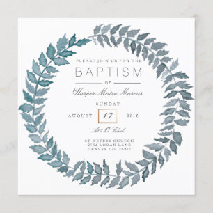 Invitación Vino azul de acero Baptismo de Wreath acuarela