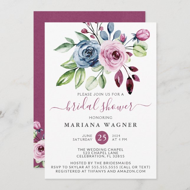 Invitación Vino Azul Marina Acuarela Floral Ducha Bridal Inv (Anverso / Reverso)