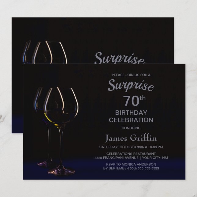 Invitación Vino Azul Negro Champagne sorpresa 70 cumpleaños (Anverso / Reverso)