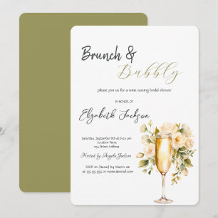 Invitación Vino Botella de Vidrio Flor Verde Brunch & Bubbly