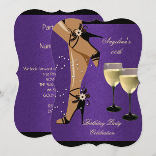 Invitación Vino Copa Zapatos Negros Morados Fiesta de Cumplea