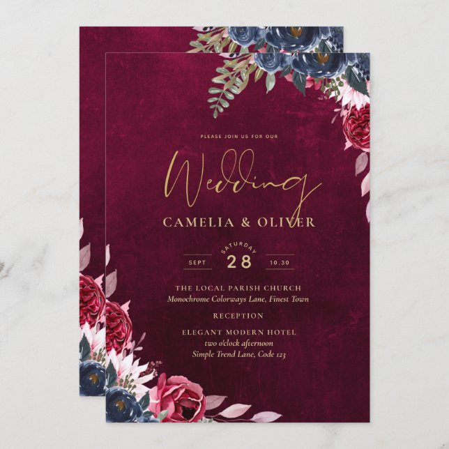 Invitación Vino de bayas Boda floral (Anverso / Reverso)