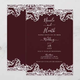 Invitación Vino de Burdeos y Encaje Blanco Boda Elegante