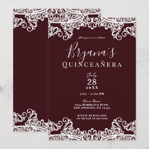 Invitación Vino de Burdeos y Encaje Blanco Elegante Quinceañe