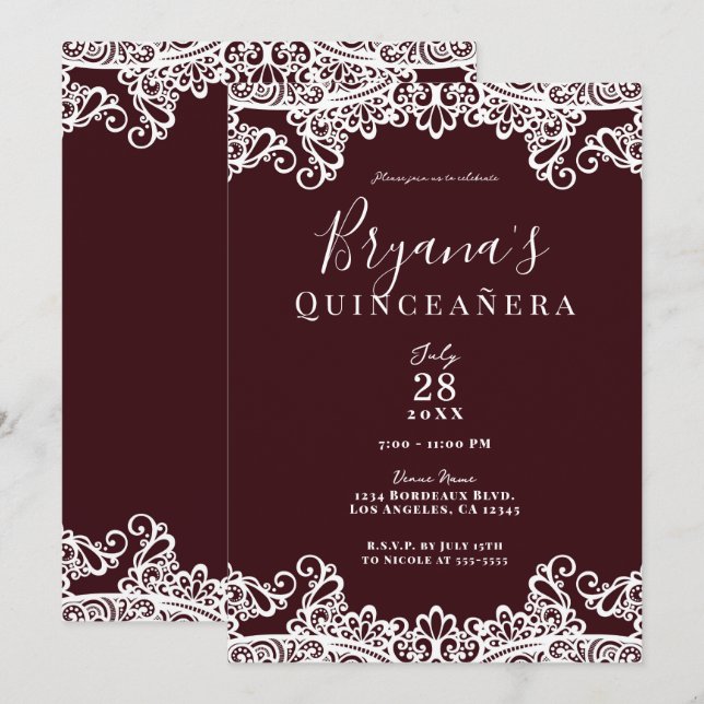 Invitación Vino de Burdeos y Encaje Blanco Elegante Quinceañe (Anverso / Reverso)