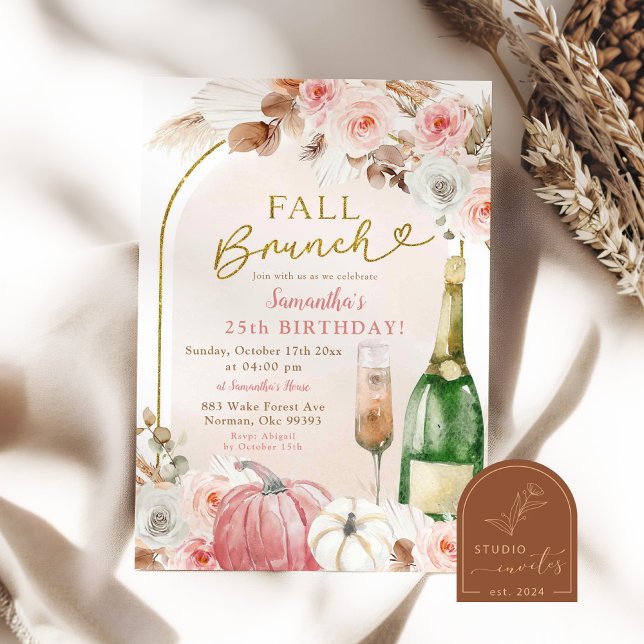 Invitación Vino de Cumpleaños Brunch Otoño Calabaza Rosa Boho (Subido por el creador)