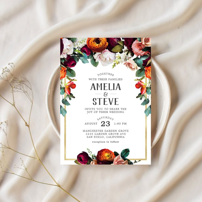 Invitación Vino de época, Rubor y Naranja quemado Floral Invi (Subido por el creador)