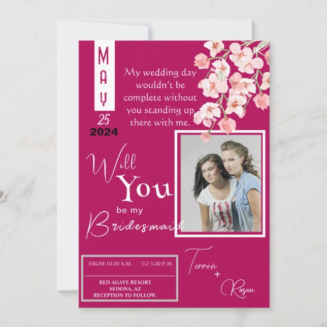 Invitación Vino de flores rosadas (Anverso)