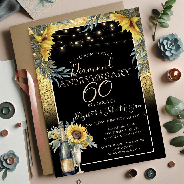 Invitación Vino de moda, vidrio, aniversario de girasoles (Subido por el creador)