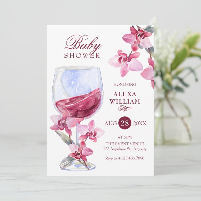 Invitación Vino de orquídea floral acuarela ducha de bebé (Anverso de pie)