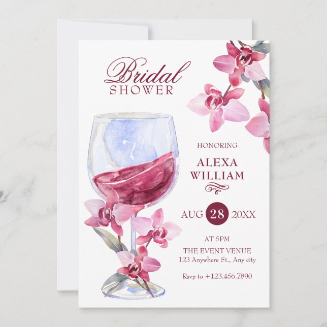 Invitación Vino de orquídea floral acuarela ducha de novia (Anverso)