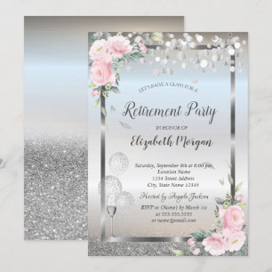 Invitación Vino de Rosas Copa Globos Brillantes Jubilación 