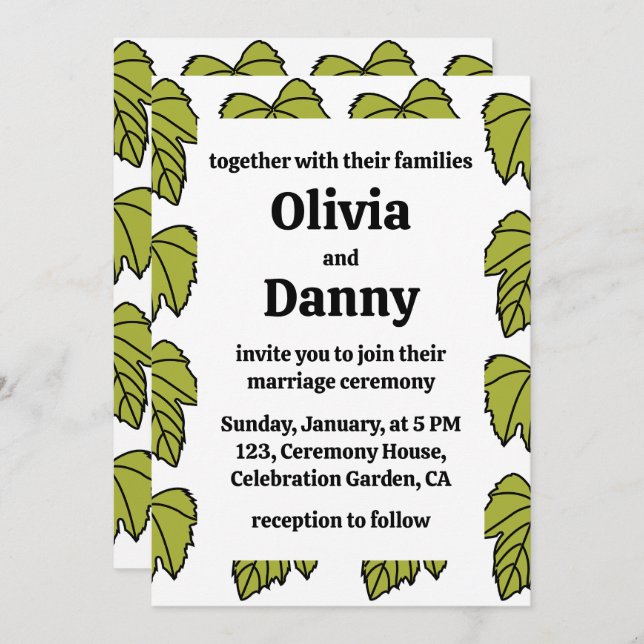 Invitación Vino de uva Hojas Verdes Vinas Boda Botánico (Anverso / Reverso)