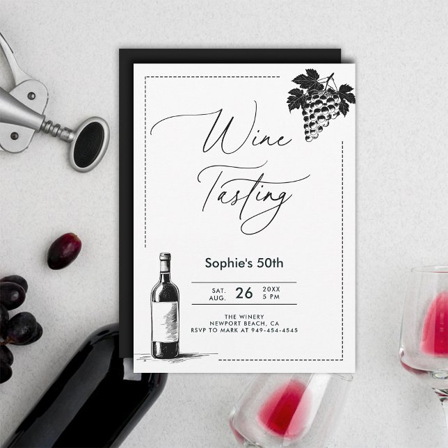 Invitación Vino Degustación Vinos Moderno Sencillo BW 50 cump (wine tasting party 50th birthday invitations for women winery trip modern minimalist elegant chic)