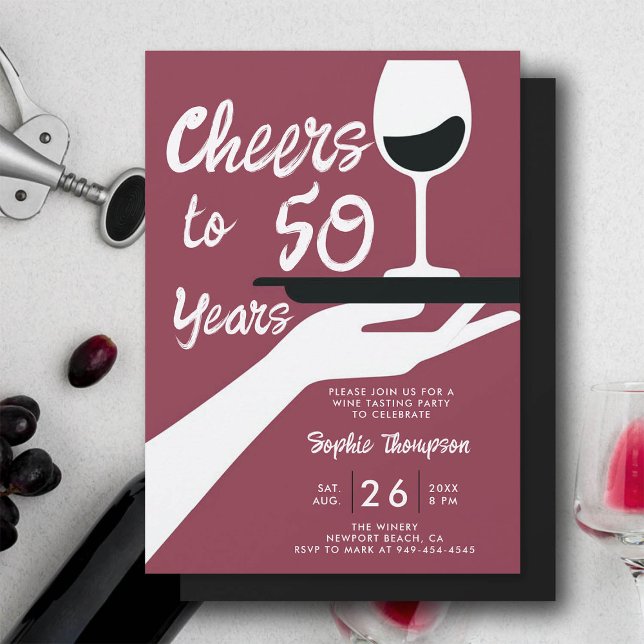 Invitación Vino Degustando Elegante Casual Winery 50 cumpleañ (wine tasting 50th birthday invitation for women winery vintage retro burgundy red elegant casual)