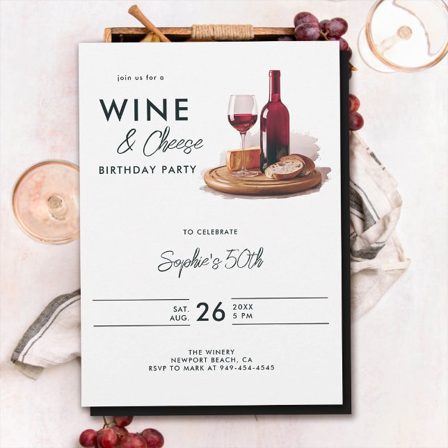 Invitación Vino Degustando la bodega de quesos 50 cumpleaños (wine cheese birthday party invitation 50th fifty modern elegant watercolor)