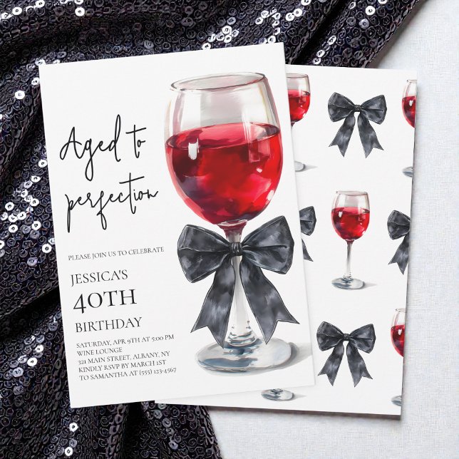 Invitación Vino Envejecido a la Perfección Tazón Fiesta de Cu (Aged to Perfection Wine Bow 40th Birthday Party Invitation)