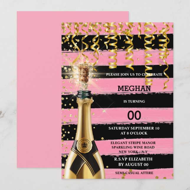 Invitación Vino espumoso negro rosa elegante rayas purpurina (Anverso / Reverso)