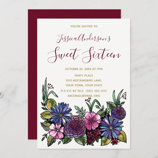 Invitación Vino Floral Oro Azul Morado Dulce 16 Cumpleaños (Anverso / Reverso)