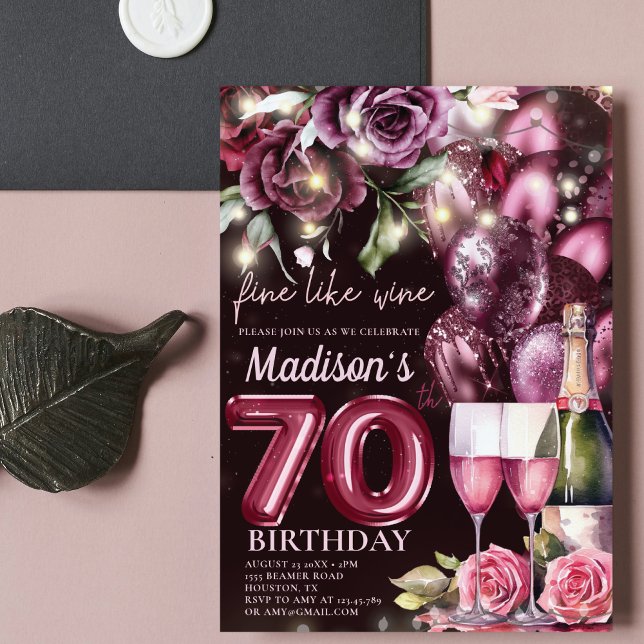 Invitación Vino Magenta de lujo Adulto 70 cumpleaños (Subido por el creador)