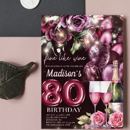 Invitación Vino Magenta de lujo Adulto 80 cumpleaños