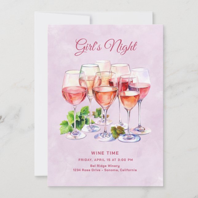 Invitación Vino nocturno de Chicas rosados (Anverso)