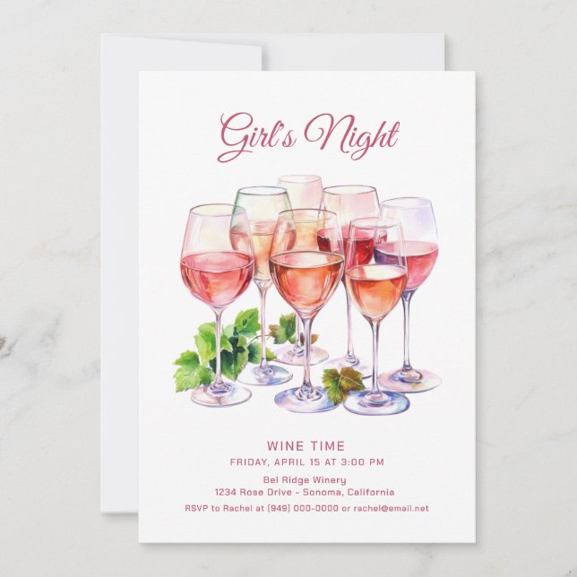 Invitación Vino nocturno de Chicas rosados (Anverso)